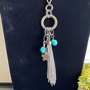 FASHION NECKLACE | Silver Toned & Gun Metal | Genuine Turquoise | 32 inches